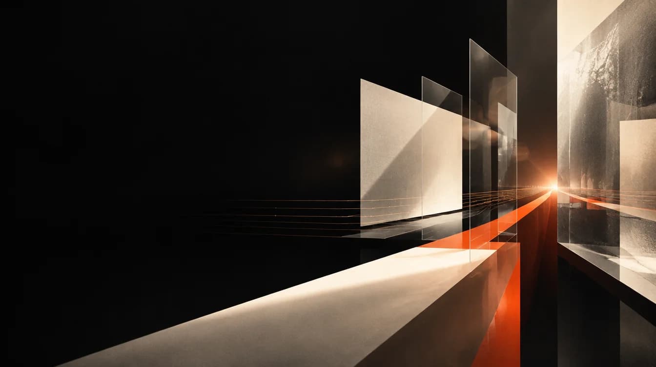 Abstract editorial composition of illuminated media planes converging into one direction